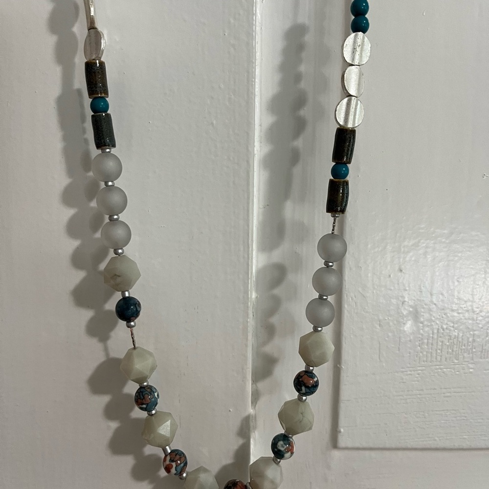 Christopher & Banks White, Gray and Turquoise Beaded Necklace